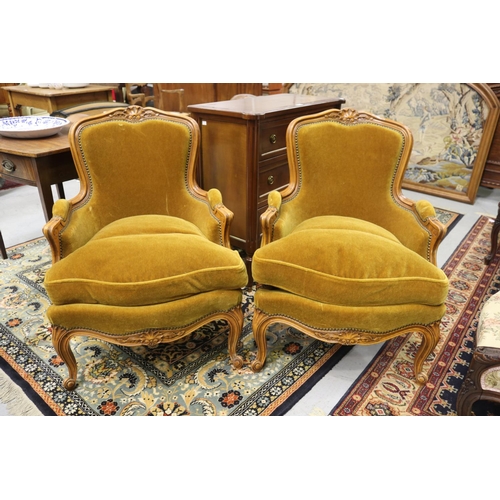 1209 - Pair of French Louis XV style upholstered armchairs, each approx 86cm H x 65cm W x 50cm D (2)