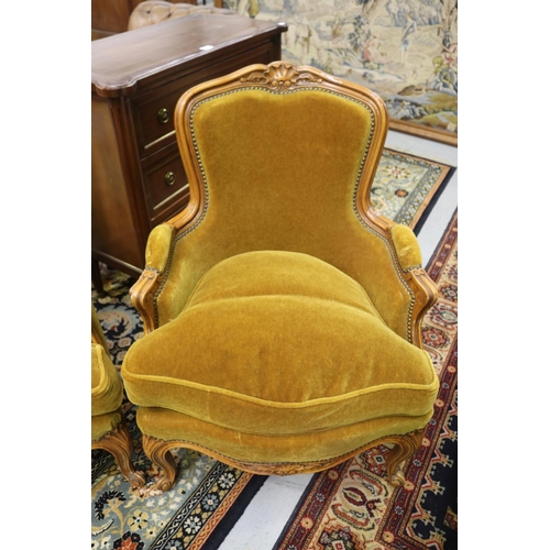 1209 - Pair of French Louis XV style upholstered armchairs, each approx 86cm H x 65cm W x 50cm D (2)