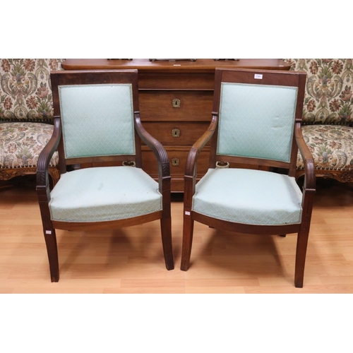 1211 - Near pair of antique French Louis Philippe  armchairs, different carvings to each, each approx 90cm ... 