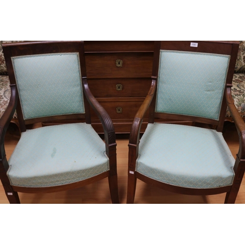 1211 - Near pair of antique French Louis Philippe  armchairs, different carvings to each, each approx 90cm ... 