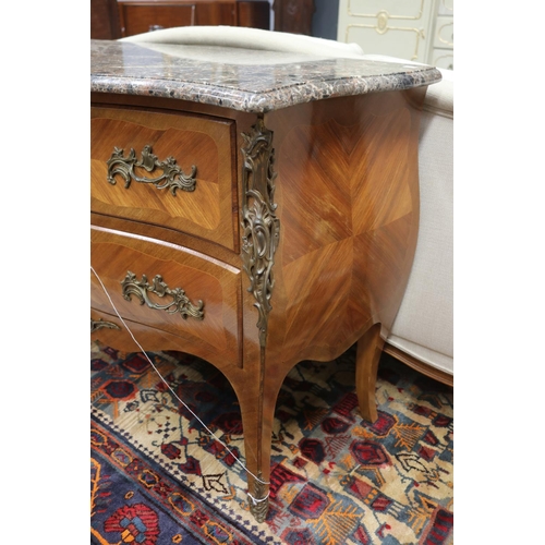 1212 - Vintage French Louis XV style marble topped commode / chest, approx 88cm H x 113cm W x 51cm D