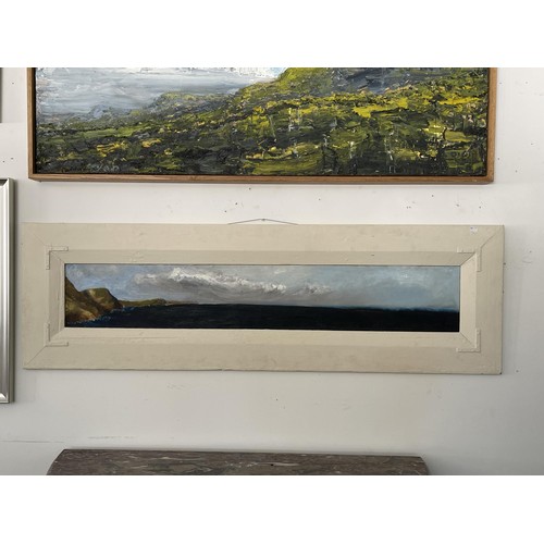 36 - Unknown - panoramic landscape, oil on board, coastal sea scape, approx 22.5 cm 136 cm