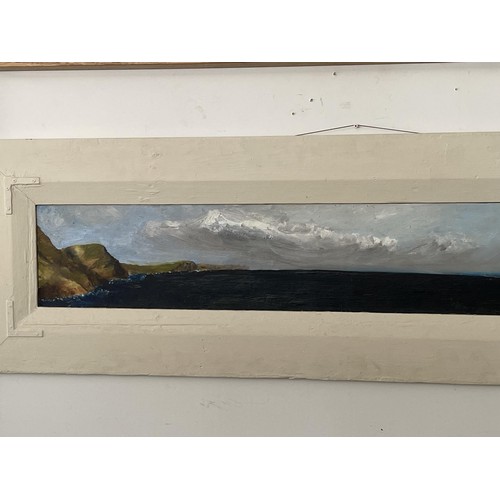 36 - Unknown - panoramic landscape, oil on board, coastal sea scape, approx 22.5 cm 136 cm