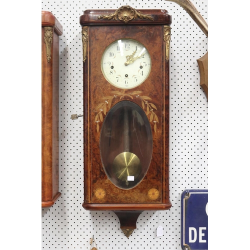 1220 - French wall clock, burr walnut & inlay decoration, has key (in office C143.177) and pendulum, unknow... 