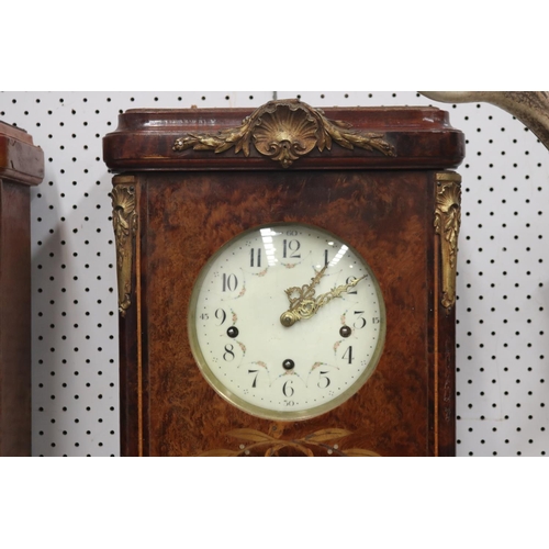 1220 - French wall clock, burr walnut & inlay decoration, has key (in office C143.177) and pendulum, unknow... 