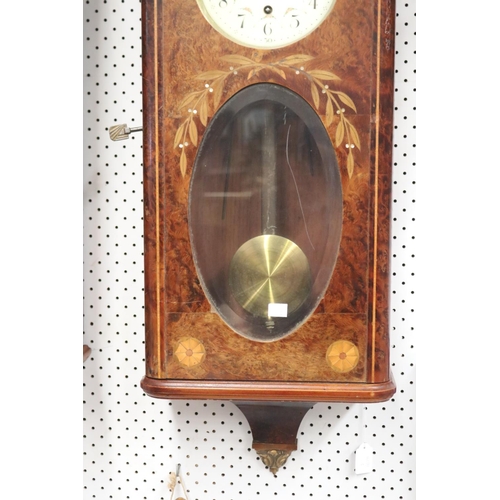 1220 - French wall clock, burr walnut & inlay decoration, has key (in office C143.177) and pendulum, unknow... 