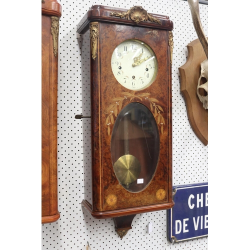 1220 - French wall clock, burr walnut & inlay decoration, has key (in office C143.177) and pendulum, unknow... 