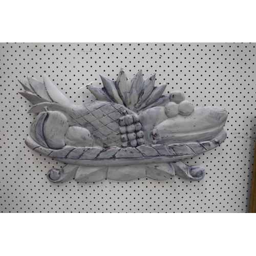 1221 - Carved wooden fruit bowl carving, approx 33.5cm H x 61cm W