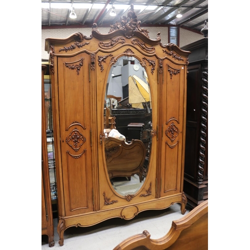 1224 - Antique French Louis XV style three door armoire, with oval mirror to centre door, approx 254cm H x ... 