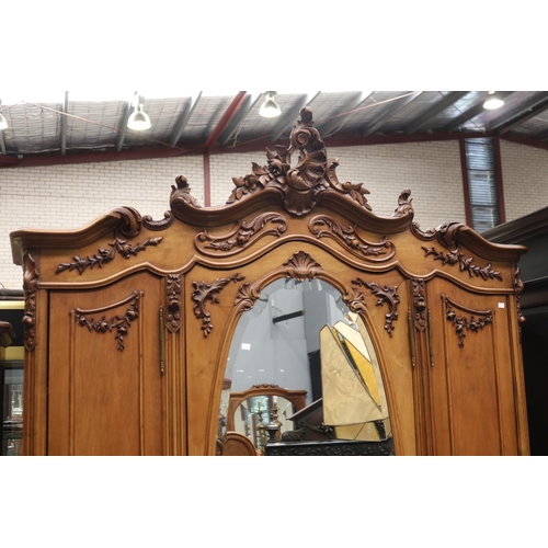 1224 - Antique French Louis XV style three door armoire, with oval mirror to centre door, approx 254cm H x ... 