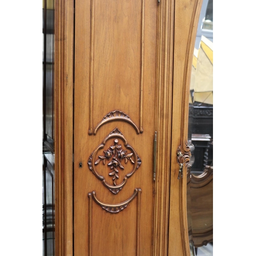 1224 - Antique French Louis XV style three door armoire, with oval mirror to centre door, approx 254cm H x ... 