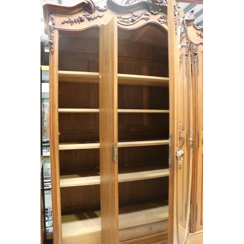 1224 - Antique French Louis XV style three door armoire, with oval mirror to centre door, approx 254cm H x ... 