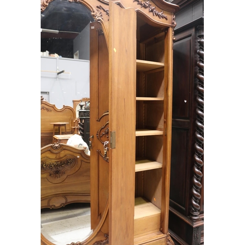 1224 - Antique French Louis XV style three door armoire, with oval mirror to centre door, approx 254cm H x ... 