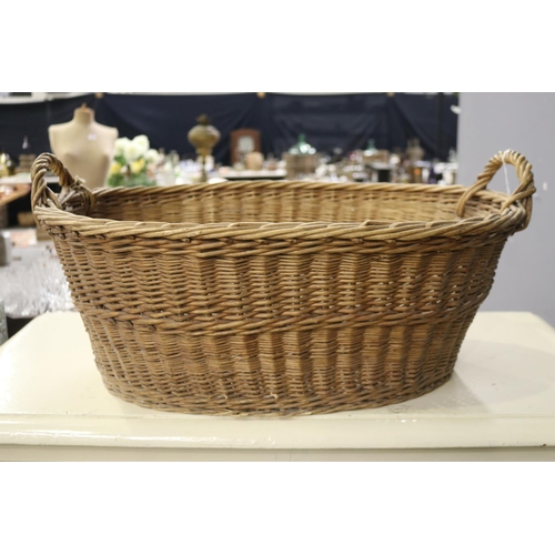 1236 - Vintage French woven cane laundry basket, approx 25cm H (ex handles) x 61cm W x 45cm D