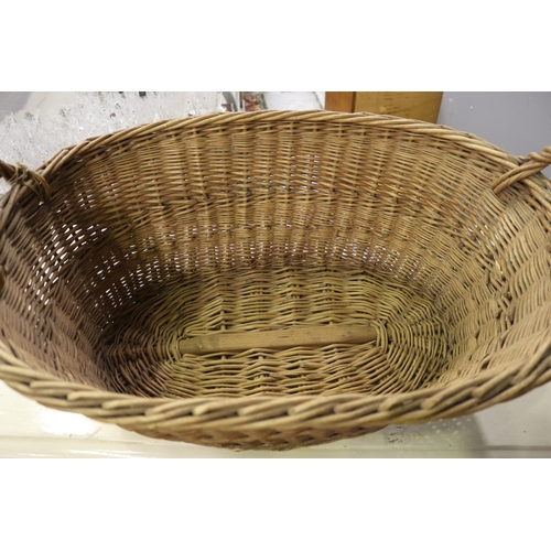 1236 - Vintage French woven cane laundry basket, approx 25cm H (ex handles) x 61cm W x 45cm D