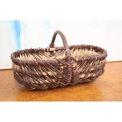 1241 - French woven pickers basket, approx 22cm H (including handle) x 38cm W x 23cm D