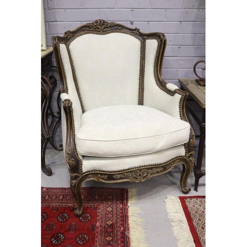 1256 - Good quality French Louis XV style highback armchair, approx 103cm H x 73cm W x 73cm