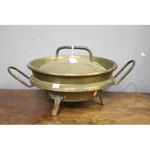 1265 - French twin handled brass lidded pan, approx 25cm H x 35cm dia (excluding handles)