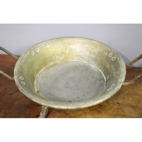 1265 - French twin handled brass lidded pan, approx 25cm H x 35cm dia (excluding handles)