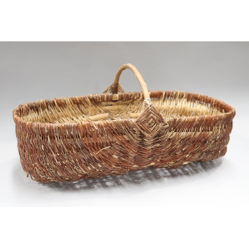 1266 - Vintage French woven basket, approx 31cm H (including handle) x 65cm W x 30cm D