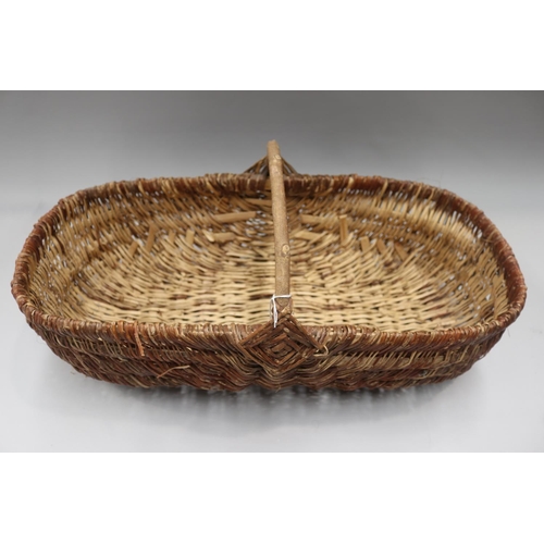 1266 - Vintage French woven basket, approx 31cm H (including handle) x 65cm W x 30cm D