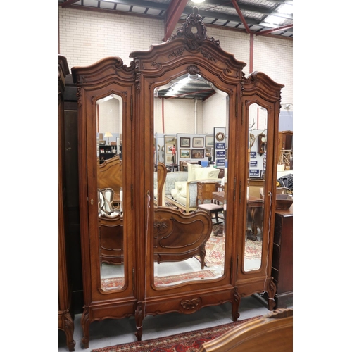 1269 - Antique French Louis XV style three door armoire, approx 253cm H x 172cm W x 50cm D