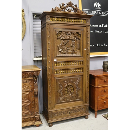 1275 - Antique French Brittany single door armoire, carved in relief, lock mechanism in office (C143.76), a... 