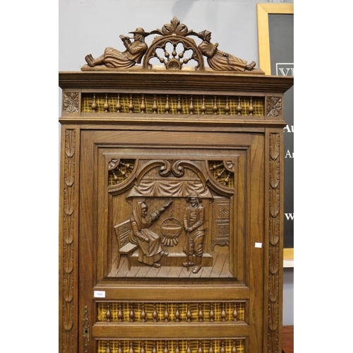 1275 - Antique French Brittany single door armoire, carved in relief, lock mechanism in office (C143.76), a... 