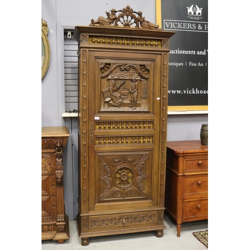 1275 - Antique French Brittany single door armoire, carved in relief, lock mechanism in office (C143.76), a... 