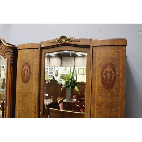 1276 - Vintage French three door armoire, with central mirrored door, marquetry urn decoration to either si... 