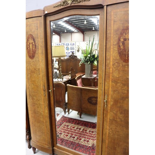 1276 - Vintage French three door armoire, with central mirrored door, marquetry urn decoration to either si... 