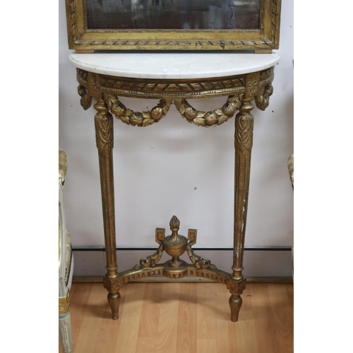 1284 - French Louis XVI style demi lune marble topped console and mirror, approx 87cm H x 66cm W x 32cm D a... 