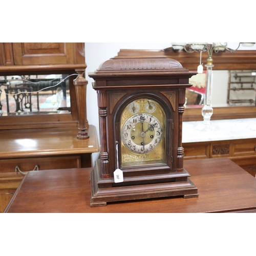 1294 - Antique French wooden cased mantle clock, has key & pendulum (key in office C141.226), unknown worki... 