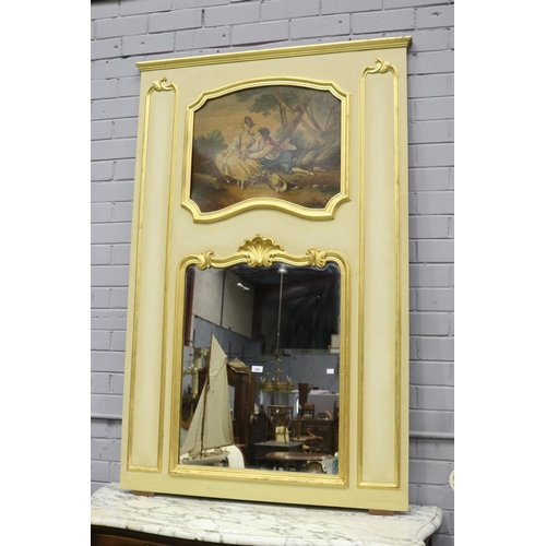 1297 - Antique French trumeau mirror, painted upper panel of two lovers, approx 165cm H x 109cm W