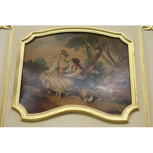 1297 - Antique French trumeau mirror, painted upper panel of two lovers, approx 165cm H x 109cm W