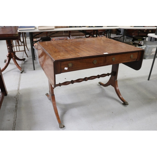 1301 - English antique two drawer sofa table with string inlay, approx 71cm H x 132cm W x 69cm D