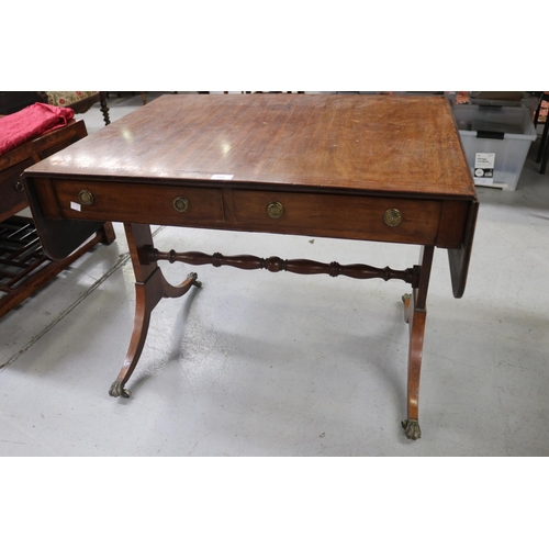 1301 - English antique two drawer sofa table with string inlay, approx 71cm H x 132cm W x 69cm D