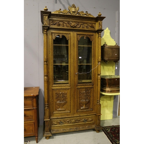 1305 - Antique French Henri II carved oak bookcase, single drawer below, approx 238cm H x 113cm W x 52cm D