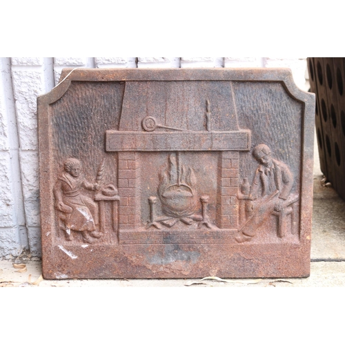 1323 - Antique French cast iron fireback, approx 50cm H x 64cm W