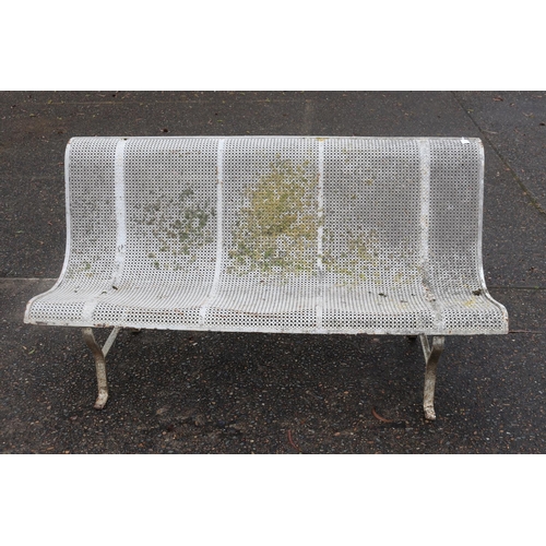 1341 - French garden bench with pierced seat, with iron base, approx 80cm H x 161cm W