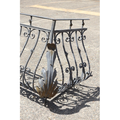 1352 - Most impressive antique French iron balcony, scrolling leaf caps to either end, approx 93cm H x 269c... 