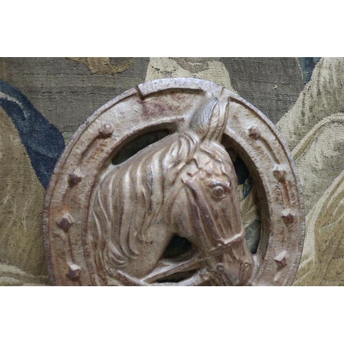 1356 - French cast iron horse head in horseshoe plaque, approx 65cm H x 64cm W