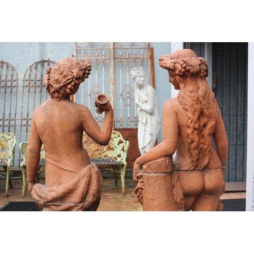 1360 - Large antique French terracotta garden statues, male and female figures representing Harvest Wine, e... 