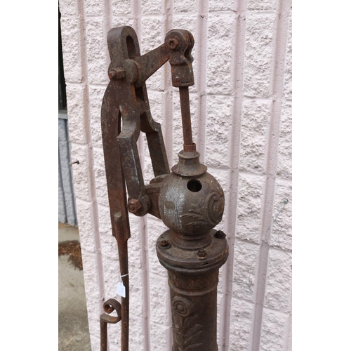 1358 - Antique French cast iron monkey tail pump with composite stone basin, pump approx 148cm H x 67cm W (... 