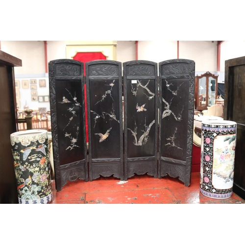 1185 - Oriental four panel folding screen, decorated with birds & branches, each panel approx 90cm H x 28cm... 