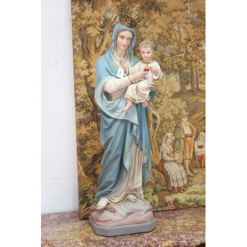 1019 - Religious painted plaster statue of Mary with baby Jesus, restored, ex Convent, approx 97cm H