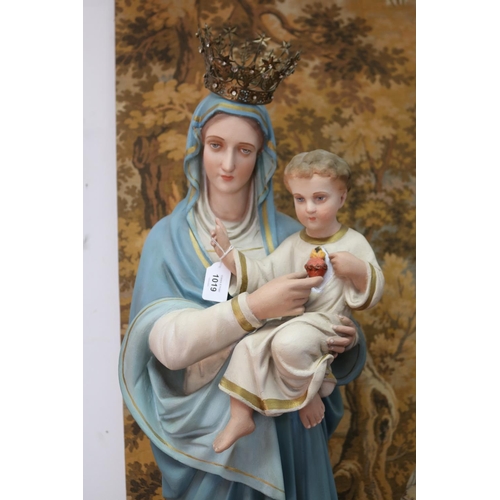 1019 - Religious painted plaster statue of Mary with baby Jesus, restored, ex Convent, approx 97cm H