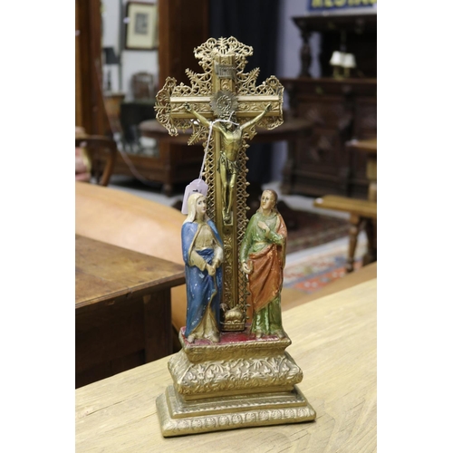 1146 - Decorative French Religious object, two figures against a cross, approx 43cm H