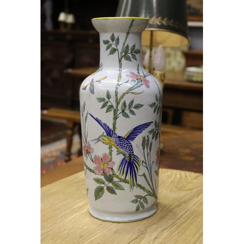 1148 - French faience vase, decorated with bird & butterflies, approx 32cm H