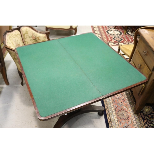 1152 - Antique English fold over card table, with green playing surface, approx 75cm H x 91cm L x 45cm D (c... 